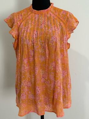 New Nanette M Women’s Floral Pintuck Flutter Sleeve Top - Orange/Pink 158